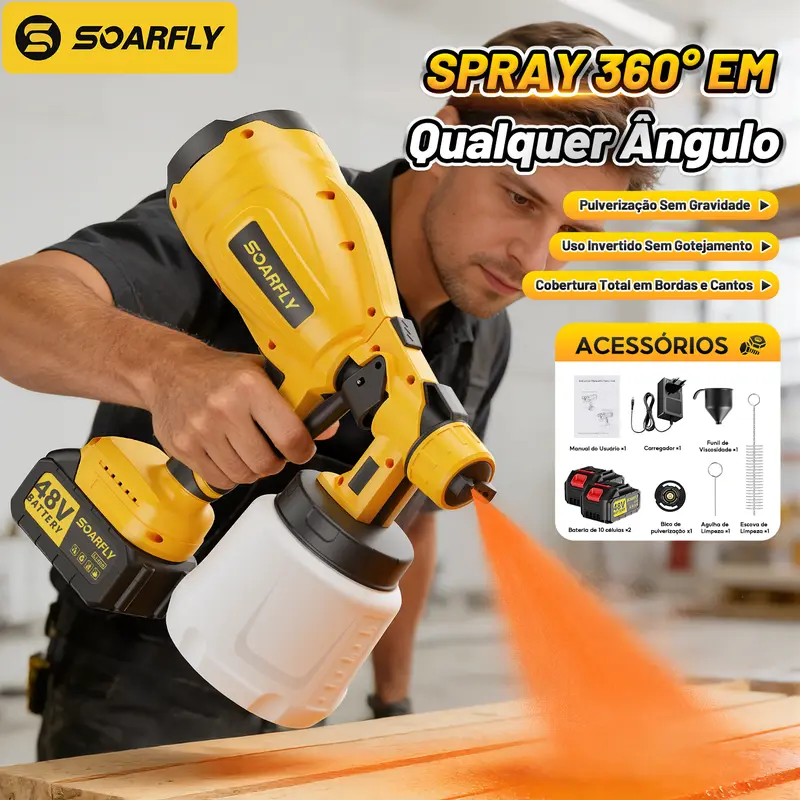 Pistola de Pintura 48V 2 Baterias 800ml – Pulverizador Portátil Alta Pressão 3000PSI para Carro, Móveis e Reformas Bivolt Sem Fios